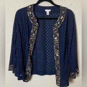 Chico's Womens Jacket Navy Blue eyelet Open Front Beaded Silver Tone siz…